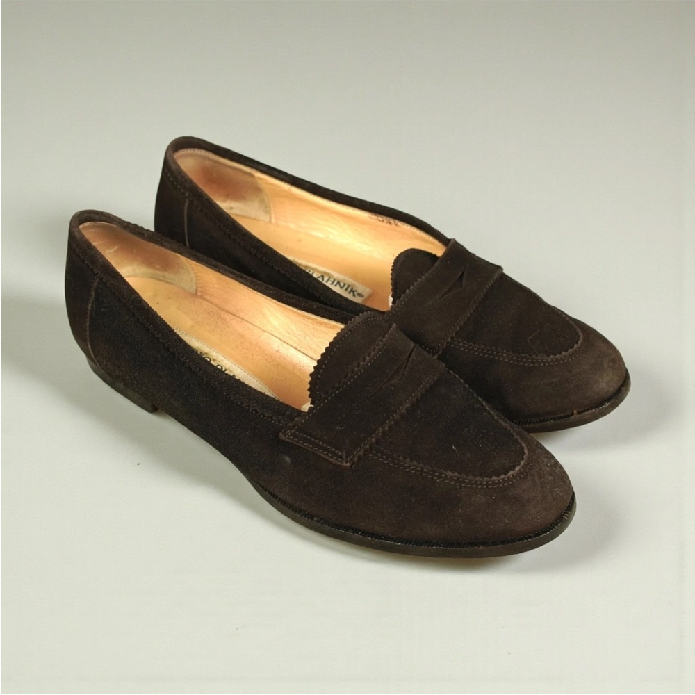 Manolo Blahnik Suede Leather Slip On Loafers Womens Size EU 37 US 6.5 Dark Brown